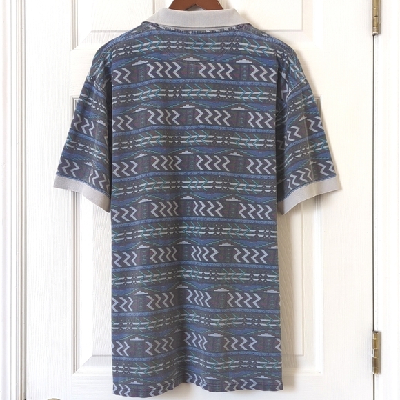 Woolrich 80's Vintage Funky Aztec Printed Short Sleeve Henley Polo Shirt Blue L - Picture 8 of 9